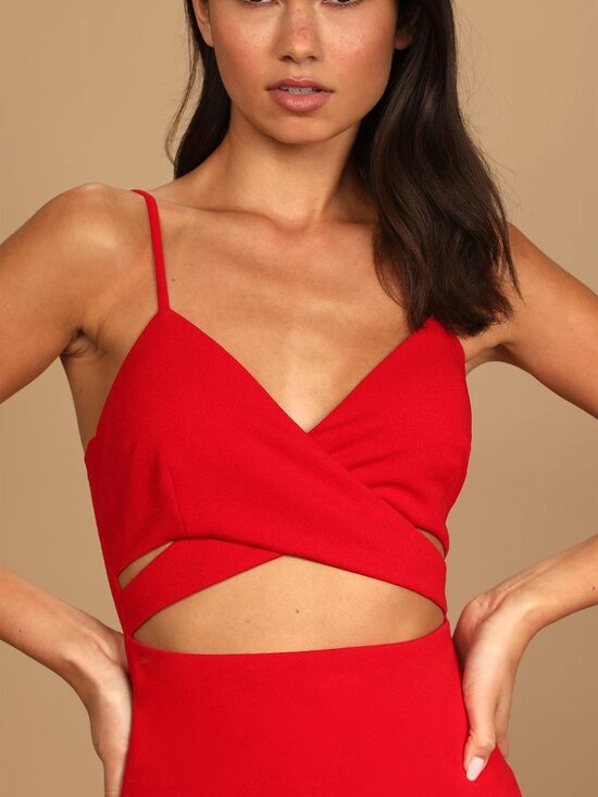 Lulus Cross Your Heart Red Surplice Cutout Bodycon Midi Dress - Picture 5 of 5